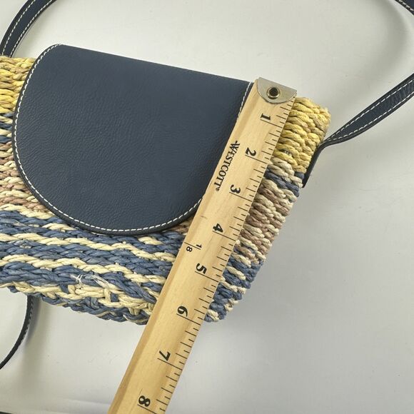 Universal Thread Straw Purse Flap Snap Blue Faux Leather Yellow Striped Small - Picture 13 of 14
